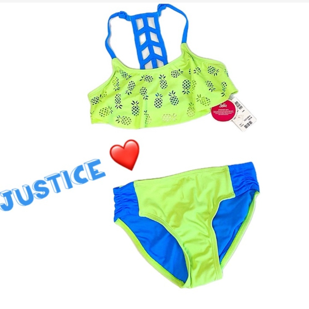 Justice Girls Size 8 Neon Blue Yellow Two Piece Swimsuit Set NWT